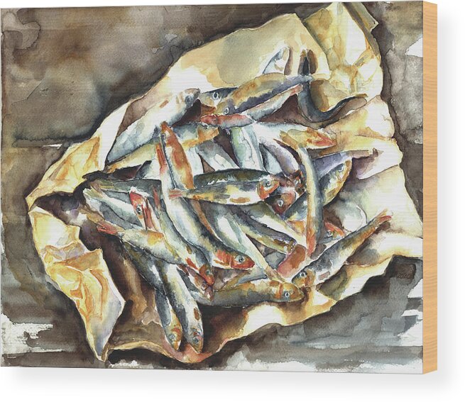 Fischen Wood Print featuring the painting Kiel Sprats To Go by Barbara Pommerenke