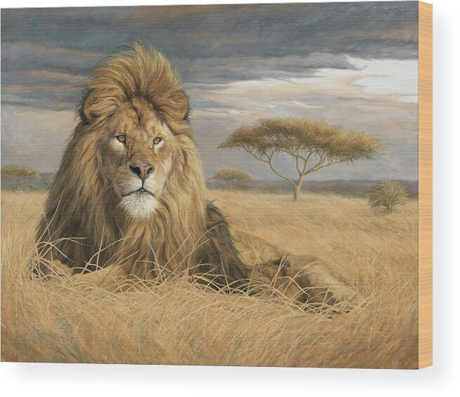 Lion Wood Print featuring the painting King Of The Pride by Lucie Bilodeau