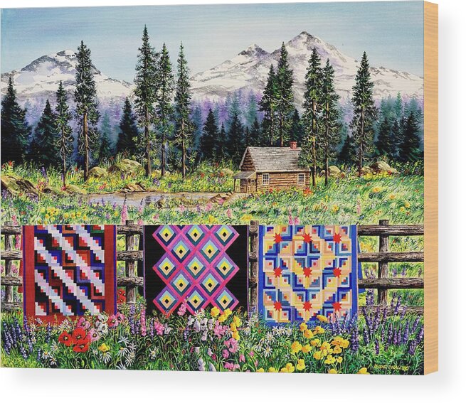 Mountains Wood Print featuring the painting Log Cabin Quilts by Diane Phalen
