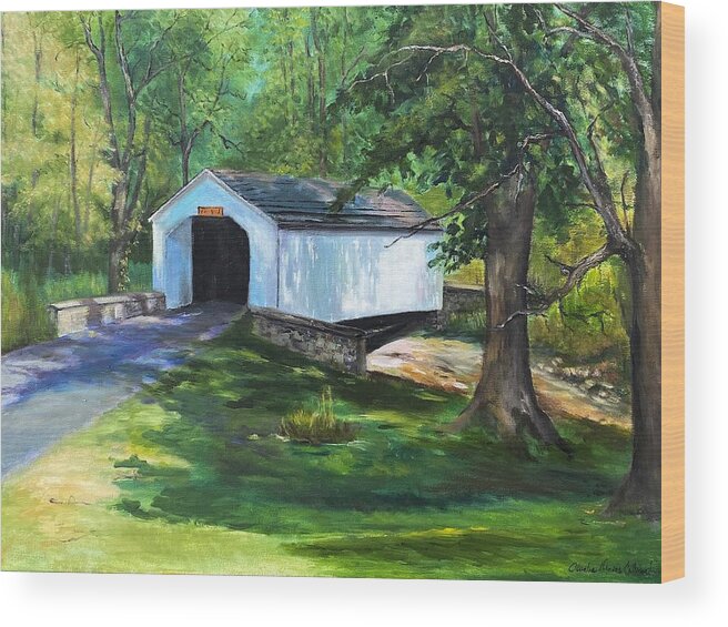 Covered Bridge Wood Print featuring the painting Loux Covered Bridge Two by Aurelia Nieves-Callwood