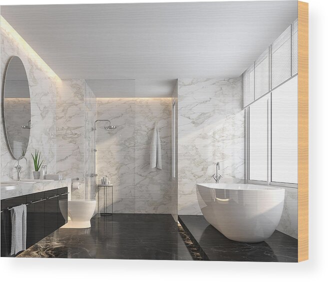 Black Color Wood Print featuring the photograph Luxury bathroom with black marble floor and white marble wall 3d render by Runna10