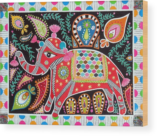 Madhubani Wood Print featuring the mixed media Madhubani Elephant by Jayne Somogy