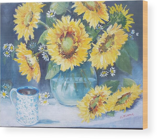 Sunflowers Autumn Coffee Harvest Wood Print featuring the painting Mama's Cup with Sunflowers by ML McCormick