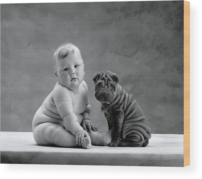 Black & White Wood Print featuring the photograph Mark and a Shar-Pei Puppy by Anne Geddes