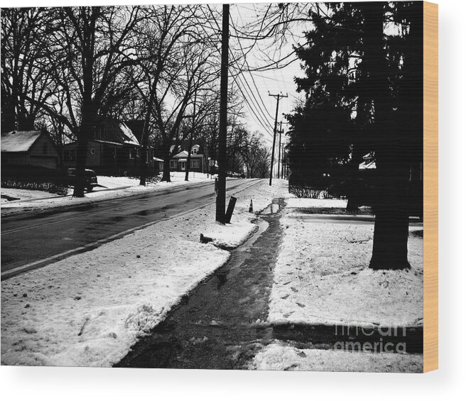 Street Wood Print featuring the photograph Melting Snow Down the Street - Black and White by Frank J Casella