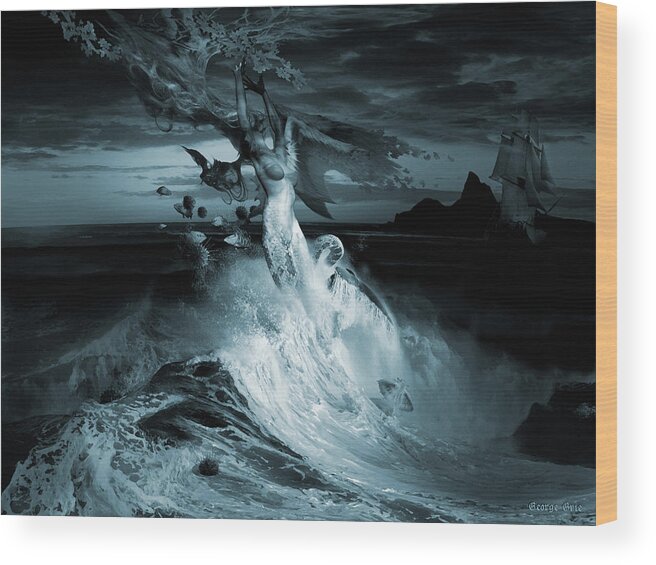 Clouds Water Horizon Wood Print featuring the digital art Mermaid Syndrom by George Grie