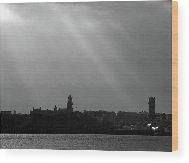 Liverpool; River Mersey; Black And White; Landscape; Cityscape; Skyline; Great Britain; Merseyside; Wirral Birkenhead; Sunbeams; Silhouette; Sky; Clouds; England; Wood Print featuring the photograph Mersey Sunbeams by Lachlan Main