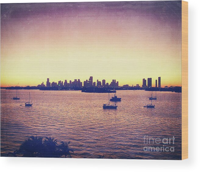Florida Wood Print featuring the photograph Miami Skyline Sunset by Phil Perkins