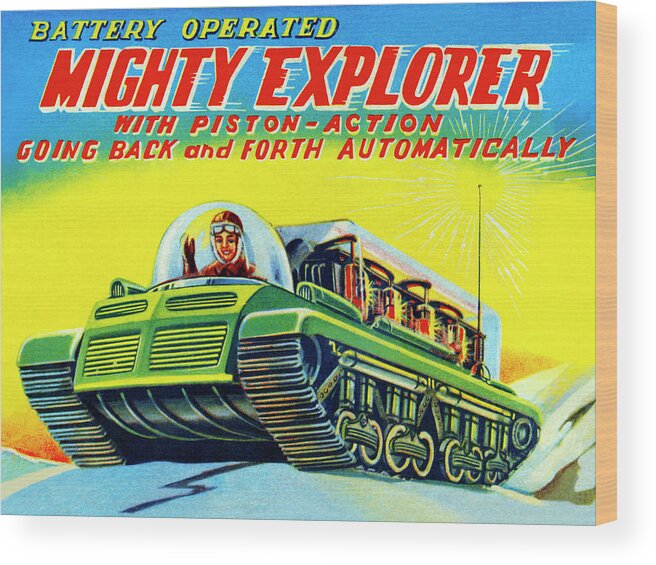 Vintage Toy Posters Wood Print featuring the drawing Mighty Explorer with Piston Action by Vintage Toy Posters