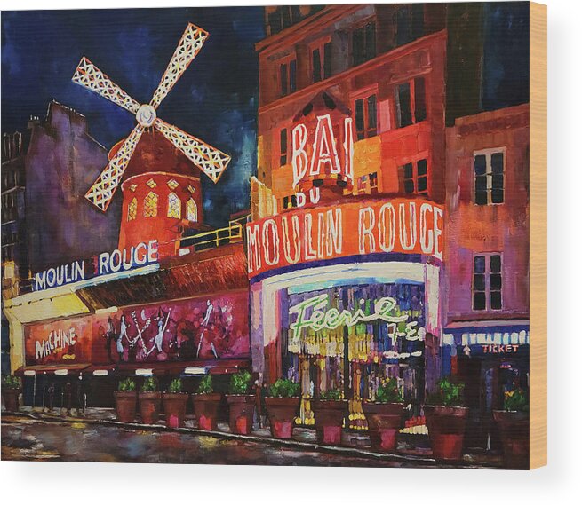 Moulin Rouge Wood Print featuring the mixed media Moulin Rouge Nights by Sarah Ghanooni