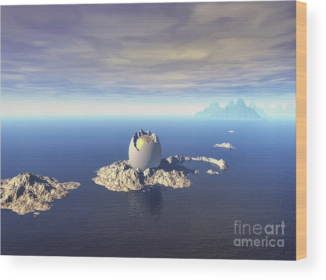 Island Wood Print featuring the digital art Mystery of Giant Egg At Sea by Phil Perkins