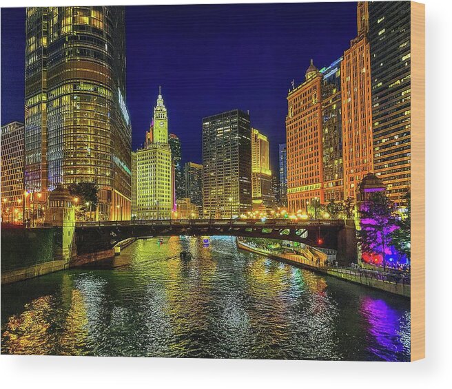 Ohana Wood Print featuring the photograph Night Time on the Chicago River IMG_4643 by Michael Thomas