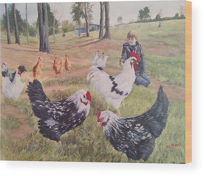 Landscape Wood Print featuring the painting Noah and his Chickens by ML McCormick