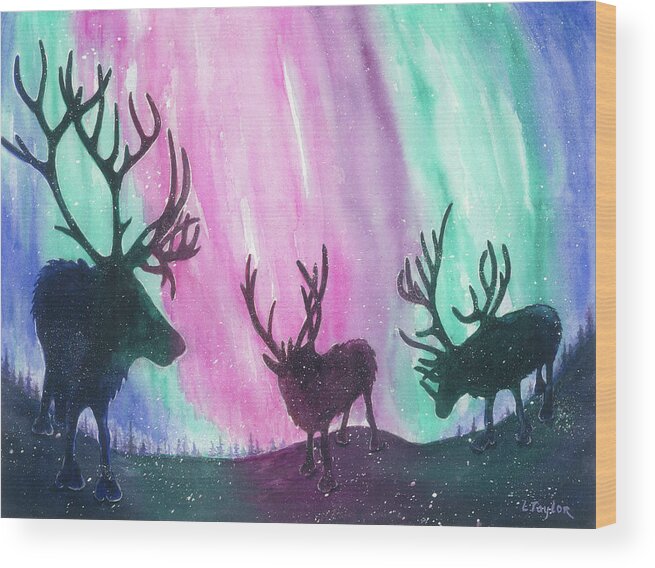 Reindeer Wood Print featuring the painting North Pole Nightlife by Lori Taylor