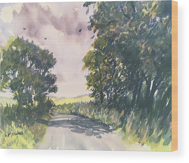Watercolour Wood Print featuring the painting Country Lane near Hornsea by Glenn Marshall