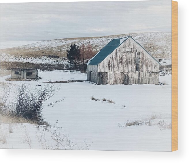 Barn Wood Print featuring the photograph Old White Barn in Snow by Jerry Abbott