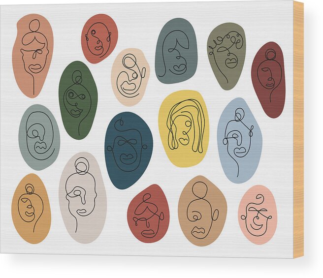 Diversity Wood Print featuring the drawing One line art faces, colorful by Jennifer Kosig