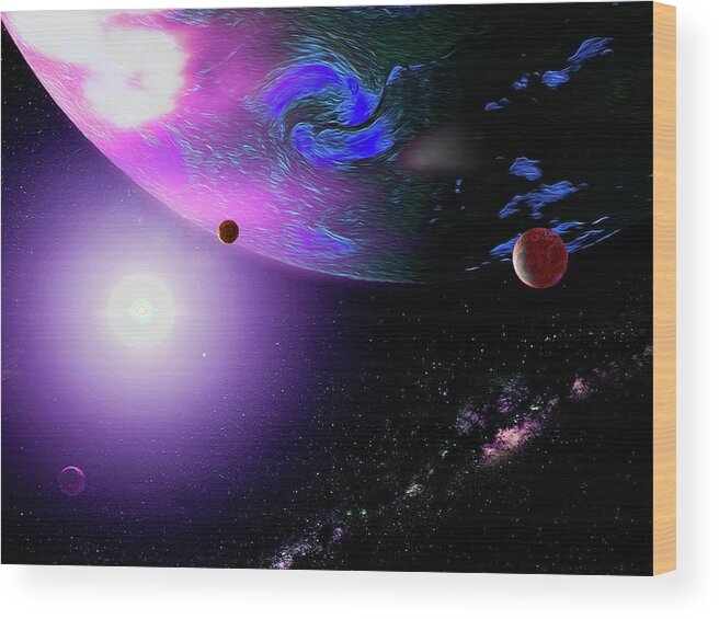  Wood Print featuring the digital art Outer Space Giant Planet and Moons by Don White Artdreamer