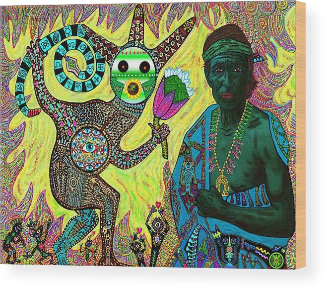 Peyote Wood Print featuring the mixed media Peyote Healing by Myztico Campo