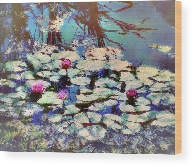 Pond Wood Print featuring the mixed media Pond Lilies at the End of Summer by Christopher Reed
