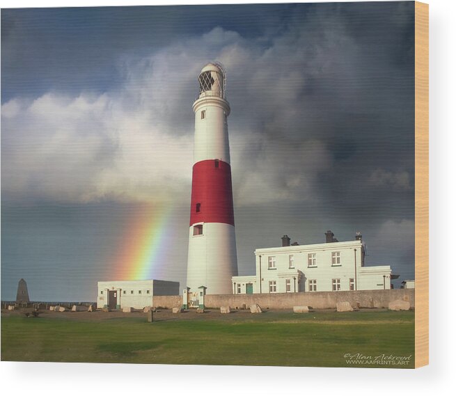 Lighthouse Wood Print featuring the photograph Portland Bill Lighthouse with Rainbow by Alan Ackroyd