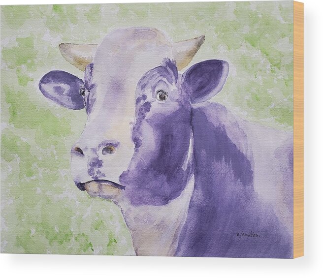 Purple Wood Print featuring the painting Purple Cow - Watercolor by Claudette Carlton