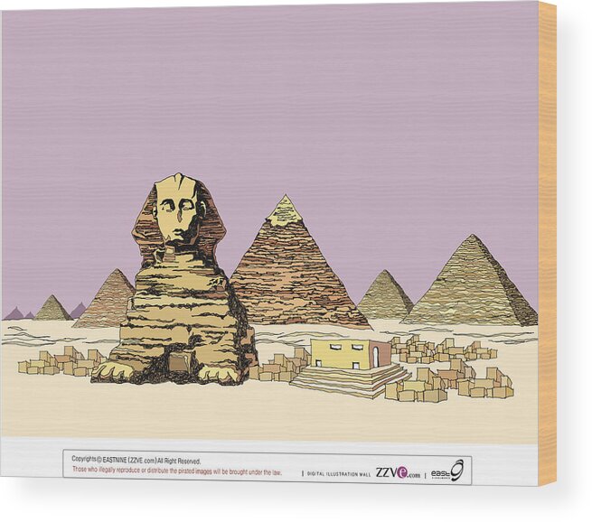 The Past Wood Print featuring the drawing Pyramid and the sphinx by Eastnine Inc.