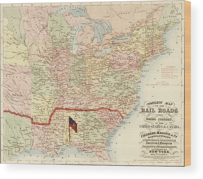 Rails Wood Print featuring the drawing Railroads and water courses in the United Sates and Canada by Vintage Railroad Maps