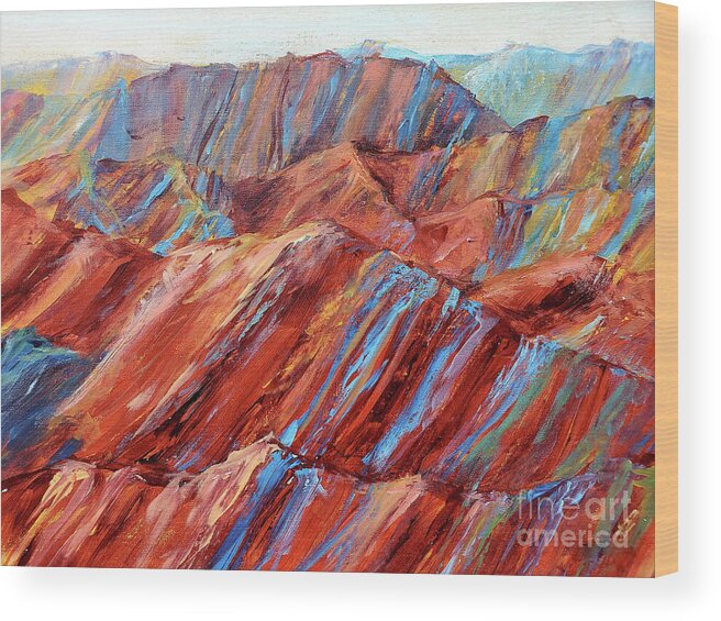 Zhangye Danxia Geological Park Wood Print featuring the painting Rainbow Mountains by Zan Savage