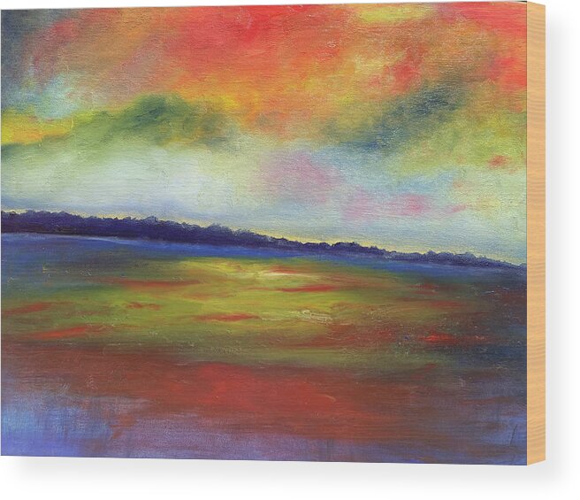 Rainbow Wood Print featuring the painting Rainbow Sunset Reflections on the Water by Susan Grunin
