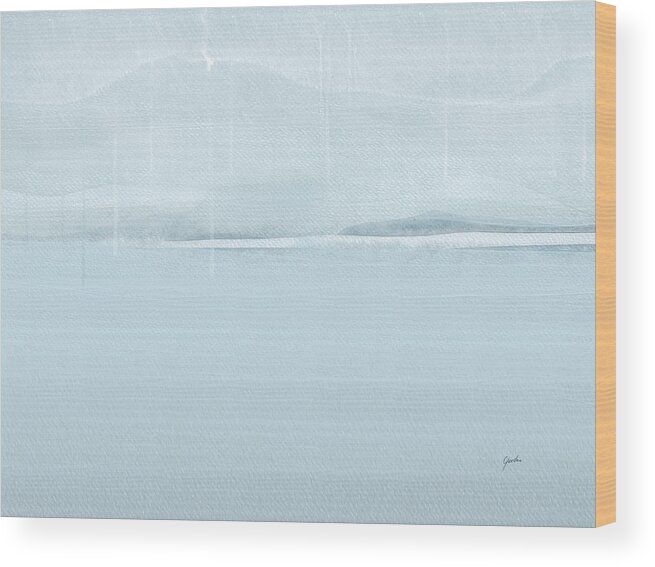 Abstract Wood Print featuring the painting Rainy Beach Winter Day - Abstract Minimalist Landscape Art painting In Pastel Tones by iAbstractArt