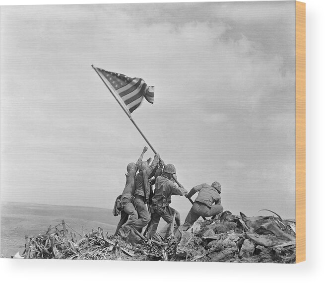 Iwo Jima Wood Print featuring the photograph Raising the Flag on Iwo Jima - WW2 - 1945 by War Is Hell Store