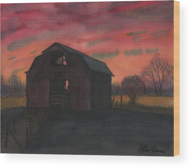 Barn. Sunset Wood Print featuring the painting Red Sky White Bluff by Arthur Barnes