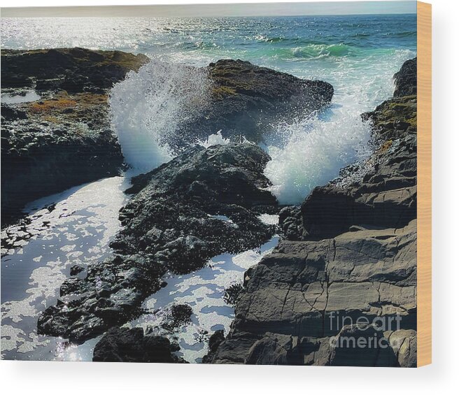 #oregon #pacificocean #pacific #blueskies #cloudy #pnw #pacificnorthwest #shore #rockyshore #tidepools #waves #reflection Wood Print featuring the photograph Rolling Giants by Bryan Smedley