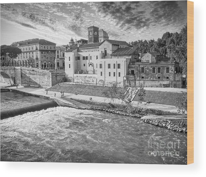 Trastevere Wood Print featuring the photograph Rome - Tiber River and Tiber Island Black and White by Stefano Senise