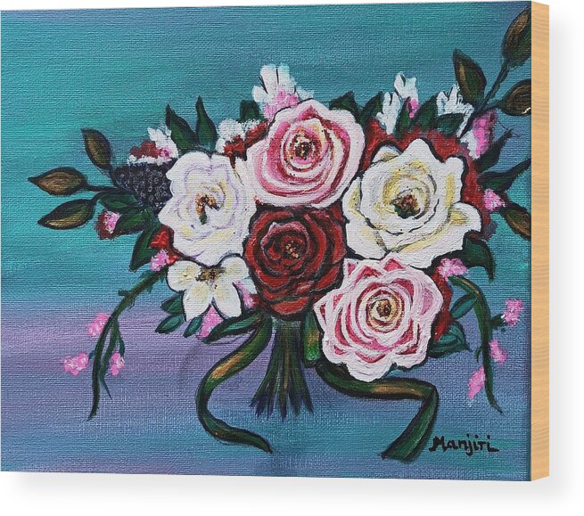 Flower's Wood Print featuring the painting Roses bouquet Floral fantasy by Manjiri Kanvinde