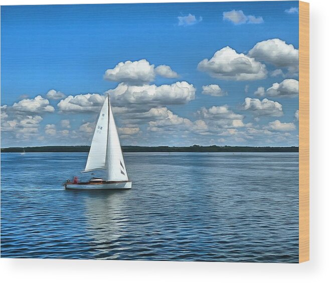 Sailing Boat Wood Print featuring the digital art Sailing boat idyll with cotton clouds by Marina Kaehne