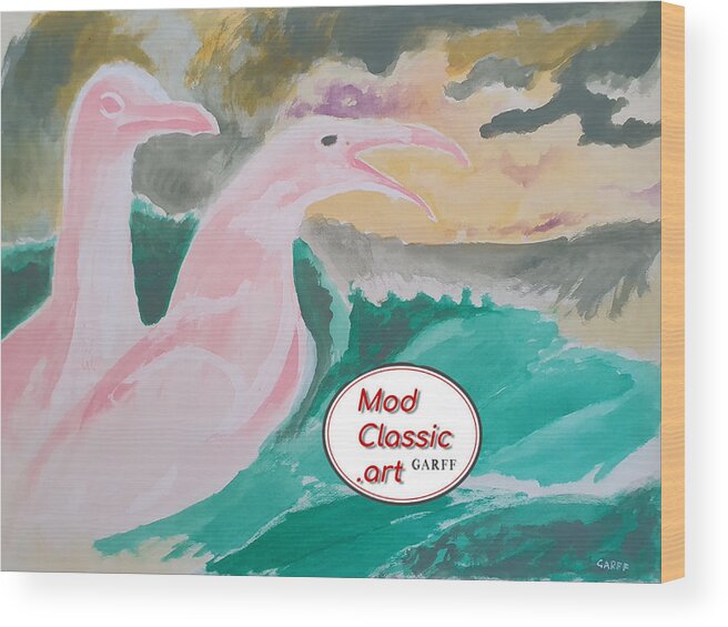 Seagulls Wood Print featuring the painting Sea Gulls with Waves ModClassic Art by Enrico Garff