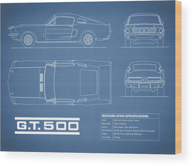 Ford Mustang Wood Print featuring the photograph Shelby Mustang GT500 Blueprint by Mark Rogan