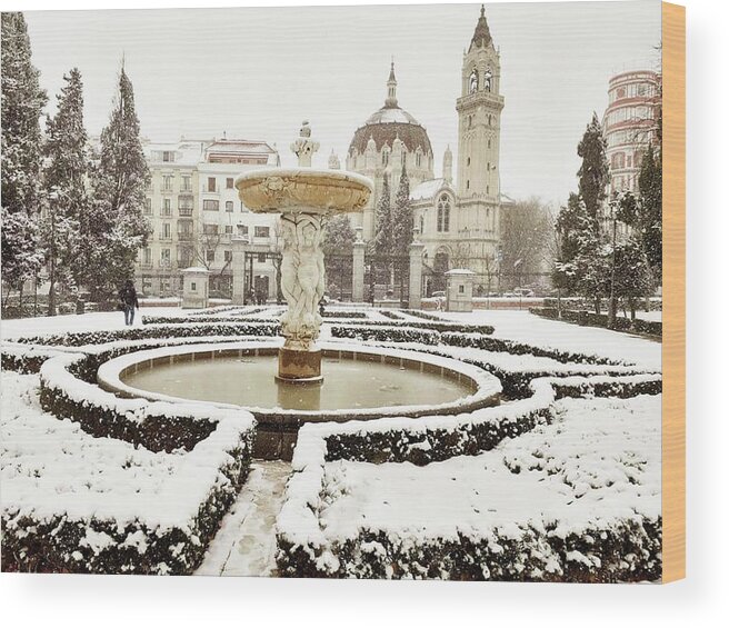 Fountain. Retiro Park Wood Print featuring the photograph Snowing at Retiro park. Madrid. Spain by Carolina Prieto Moreno