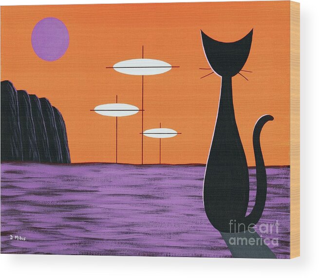 Mid Century Modern Wood Print featuring the painting Space Cat in Orange and Purple by Donna Mibus