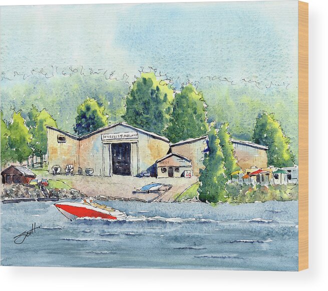 Watercolor Wood Print featuring the painting Squirrel's Marina by Scott Brown