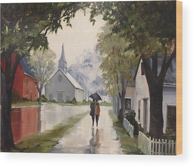 Rain Wood Print featuring the painting Strolling on a Rainy Day by Judy Rixom