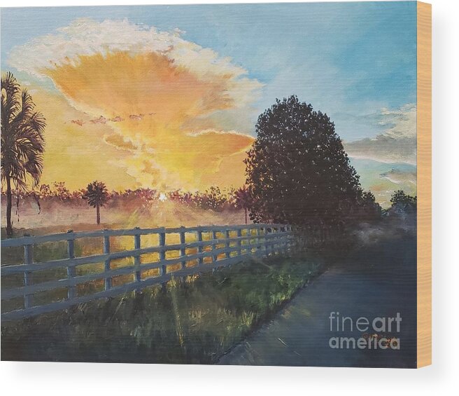 Fence Wood Print featuring the painting Summer Sunrise by Merana Cadorette