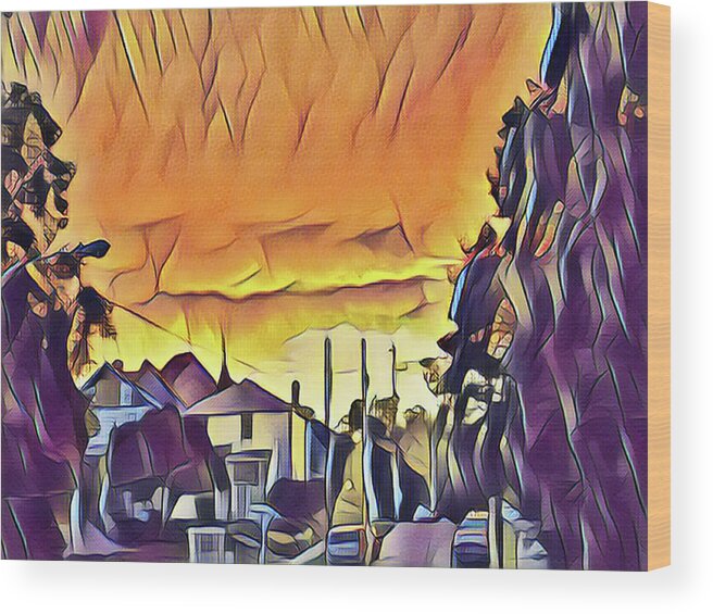 Sunset Wood Print featuring the mixed media Sunset Down the Block by Christopher Reed