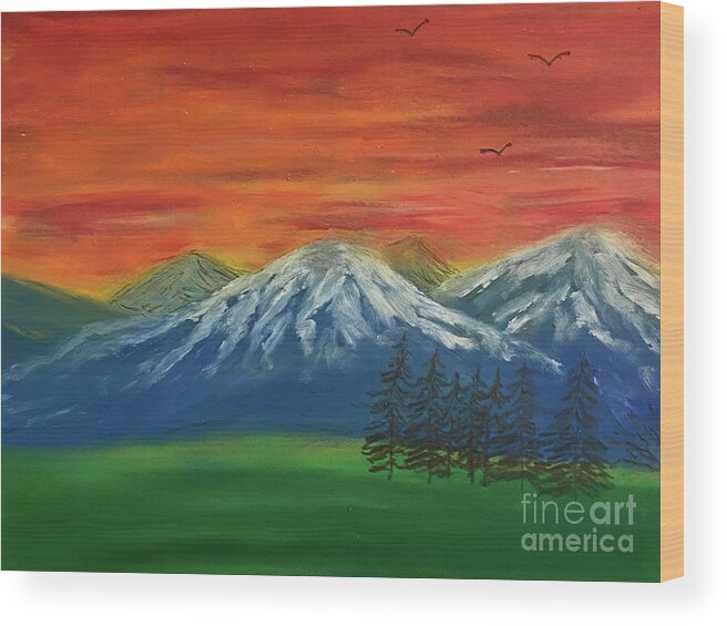 Sunset Wood Print featuring the mixed media Sunset Mountains by Lisa Neuman