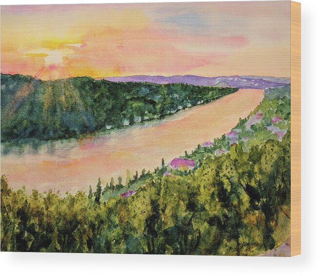 Texas Wood Print featuring the painting Sunset on Mount Bonnell by Carlin Blahnik CarlinArtWatercolor