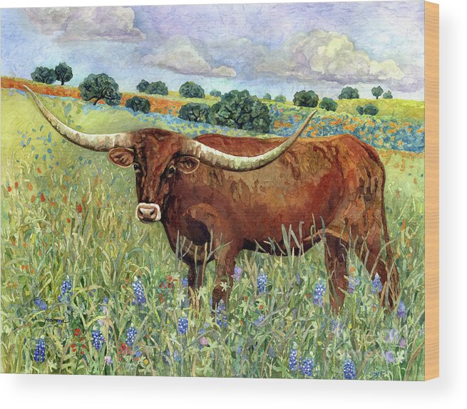 Longhorn Wood Print featuring the painting Texas Longhorn 2-pastel colors by Hailey E Herrera