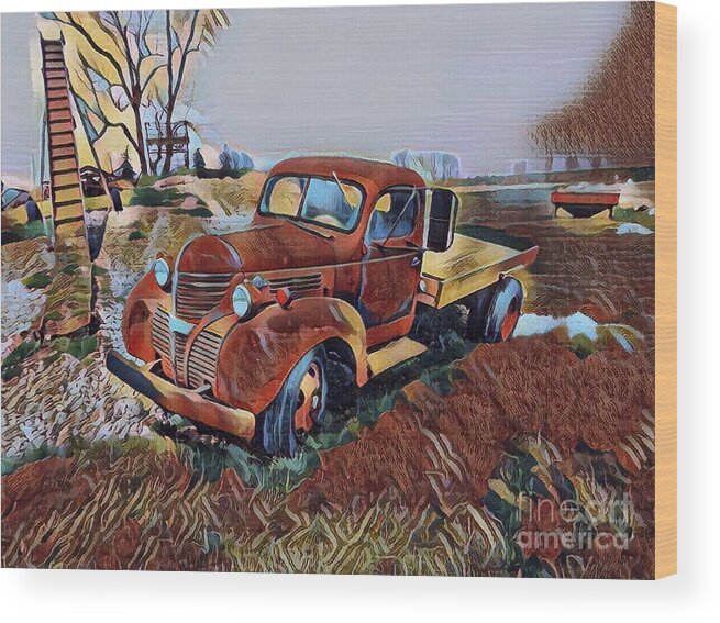 Truck Vehicle Vintage Digital Abstract Car Bag Pillow Wood Print featuring the pyrography The Flatbed by Bradley Boug