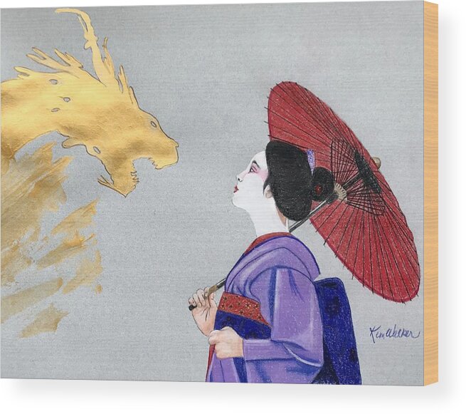 Gold Wood Print featuring the drawing The Geisha and The Dragon by Kimberly Walker